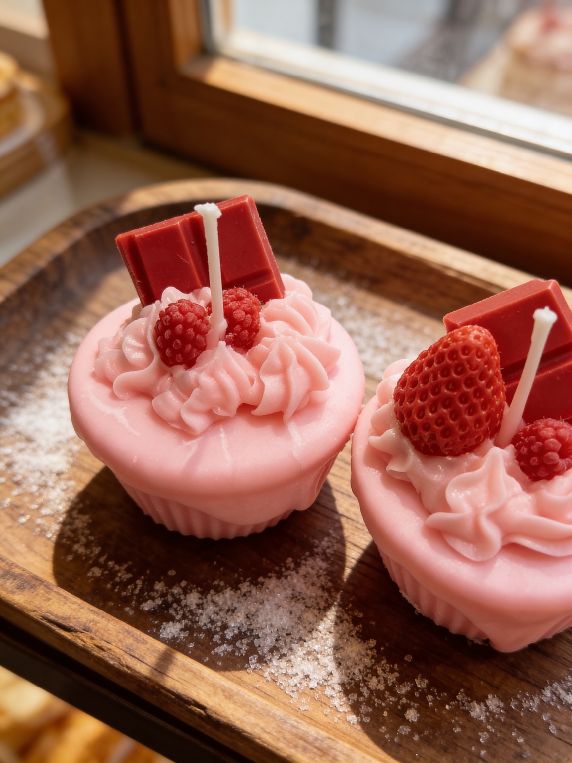 Pink strawberry dessert-inspired candles