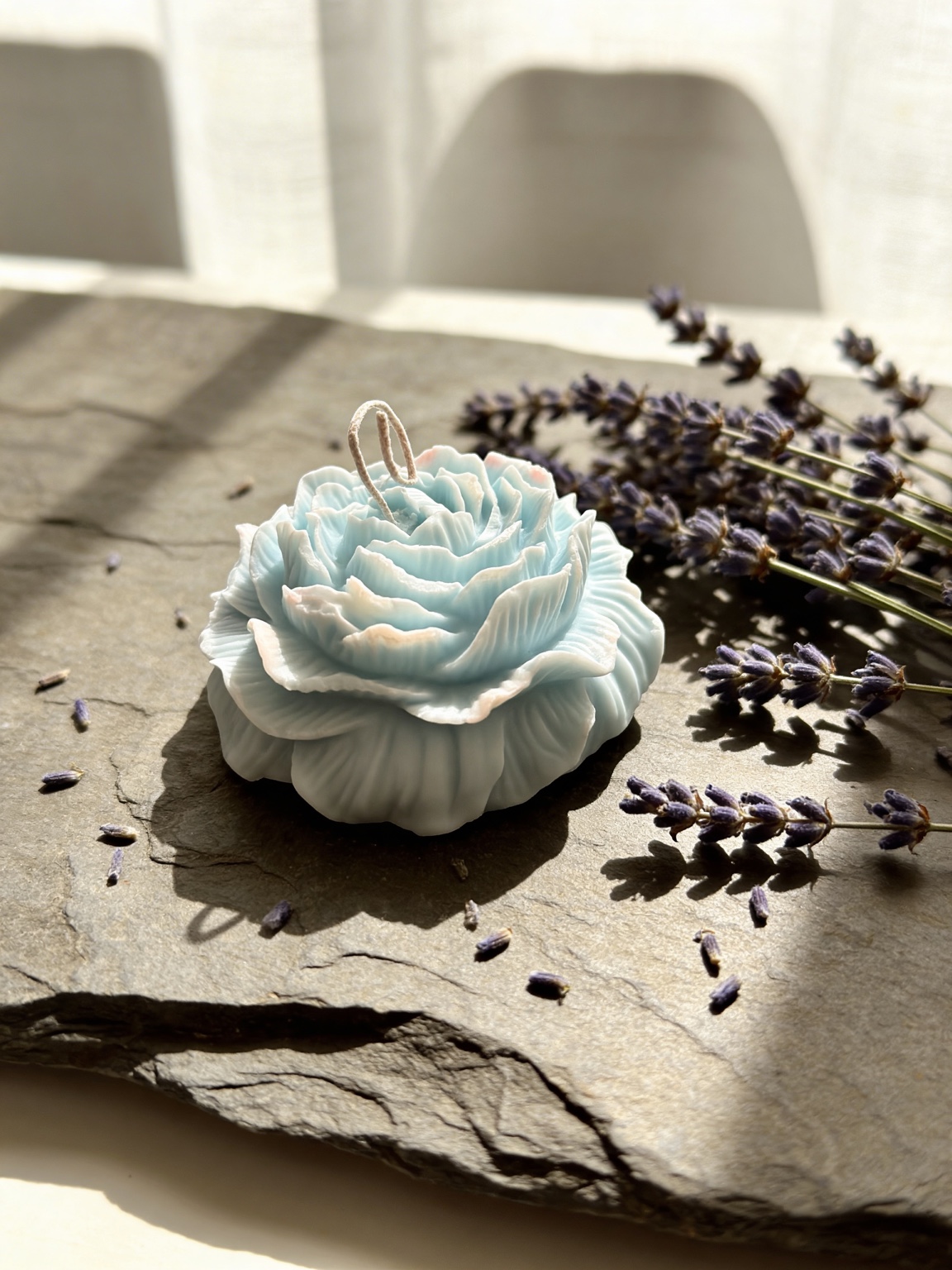 Blue peony candle with lavender