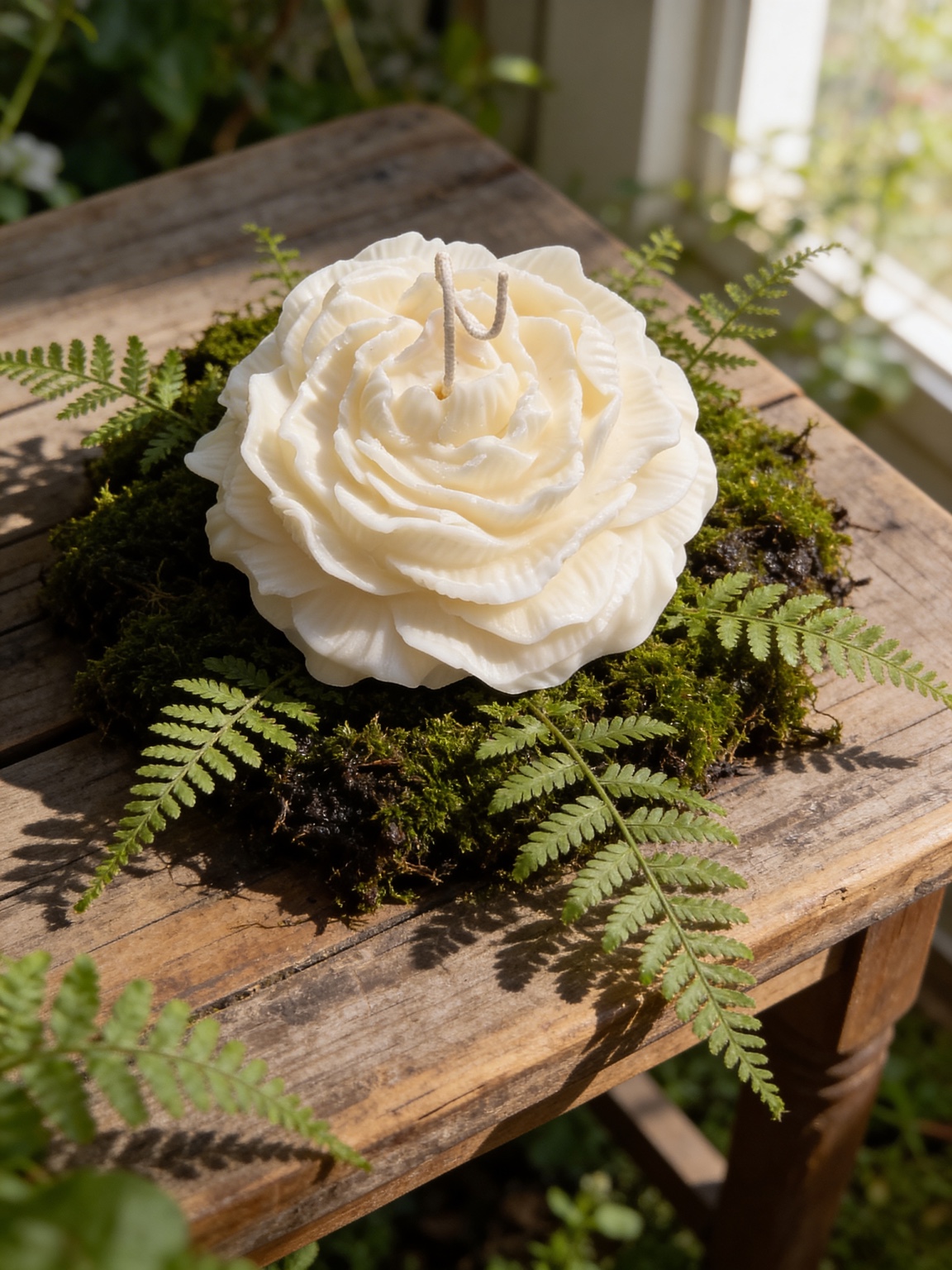 Ivory peony candle displayed with greenery